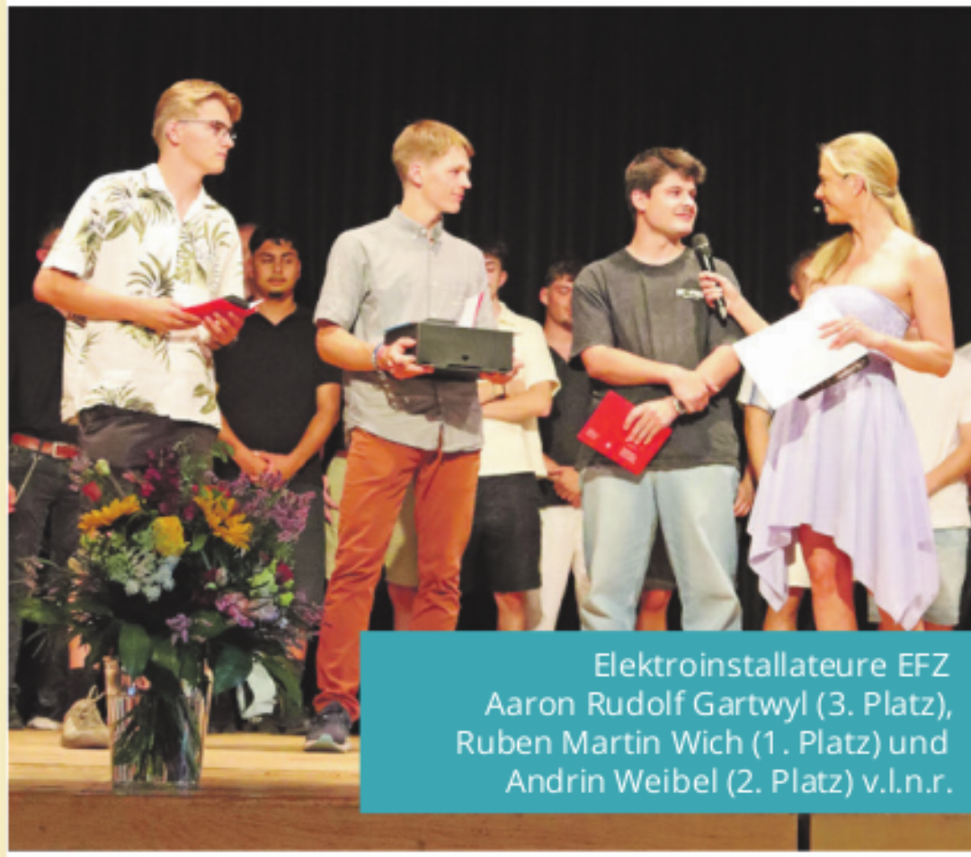 Elektroinstallateure EFZ Aaron Rudolf Gartwyl (3. Platz), Ruben Martin Wich (1. Platz) und Andrin Weibel (2. Platz) v.l.n.r. Elektroinstallateure EFZ Aaron Rudolf Gartwyl (3. Platz), Ruben Martin Wich (1. Platz) und Andrin Weibel (2. Platz) v.l.n.r.